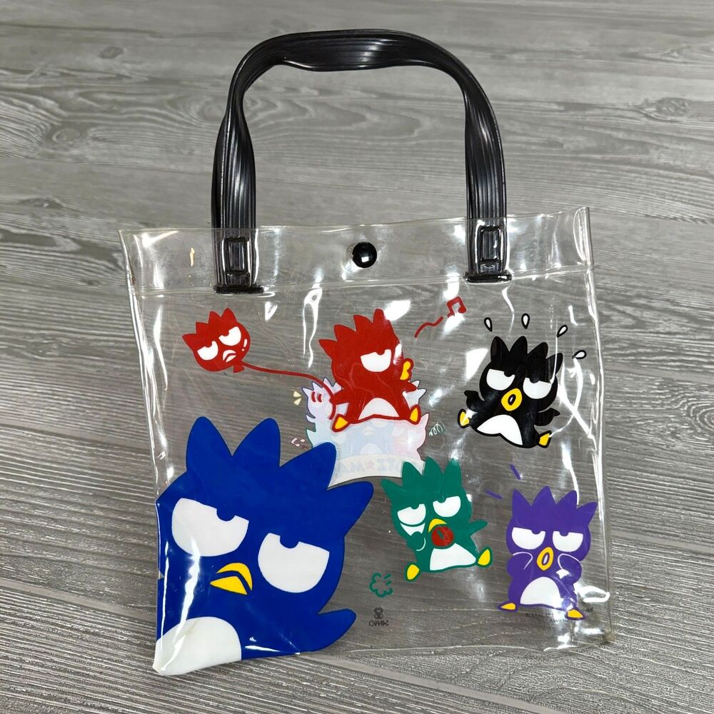 Vintage 1996 Sanrio Badtz Maru Small Clear PVC Tote Bag Purse Colorful Penguins